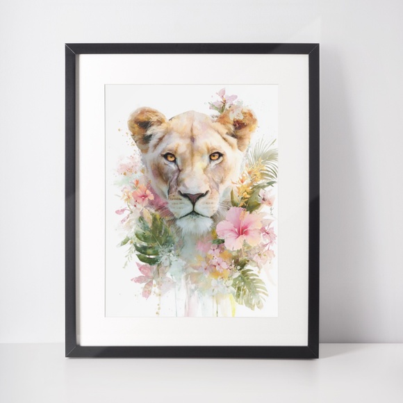Watercolor Lioness With Flowers Portrait Wall Art Illustration Print Unframed - Picture 2 of 7